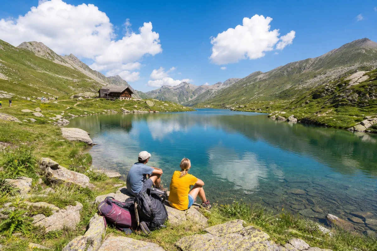 Vacances en montagne Alpes Jura pour éviter la canicule en été Lac de montagne dans les Alpes françaises avec randonneurs en été