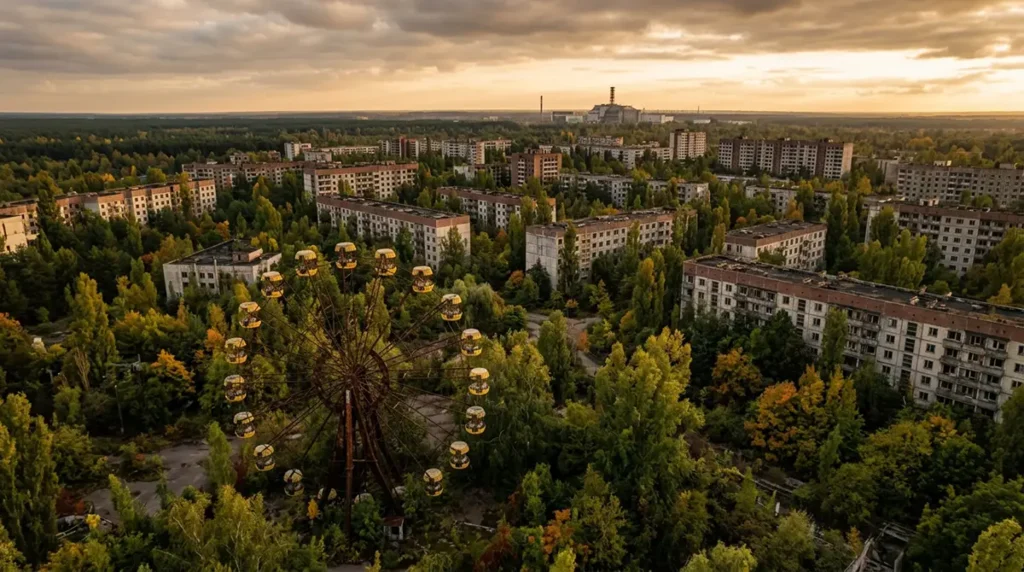 Vue aérienne de la grande roue abandonnée de Pripyat, ville fantôme de Tchernobyl, envahie par la végétation