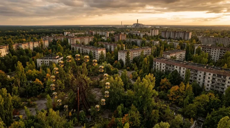 Vue aérienne de la grande roue abandonnée de Pripyat, ville fantôme de Tchernobyl, envahie par la végétation