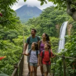 Famille traversant un pont suspendu dans la jungle tropicale du Costa Rica avec toucan et paresseux