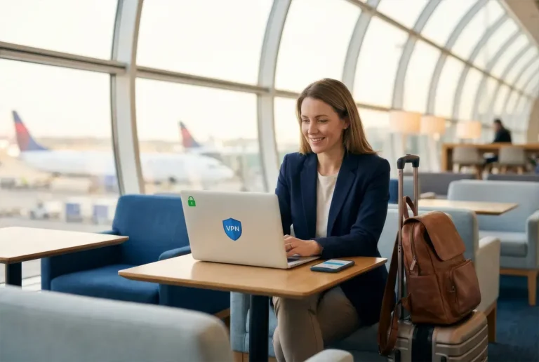 Femme sur son ordinateur dans un aéroport confiance pour sa sécurité en ligne grâce à un VPN