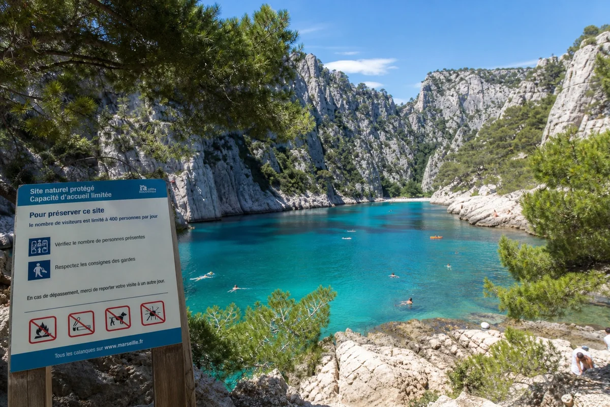 Calanque de Sugiton quota réservation été 2026 Calanque de Sugiton près de Marseille avec des baigneurs et un panneau d'information sur la réservation