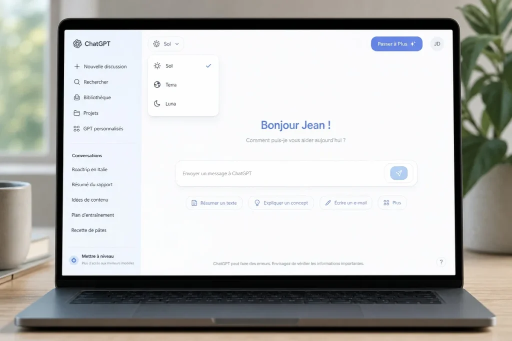 Interface ChatGPT affichant le nouveau sélecteur de modèle Sol Terra Luna en français