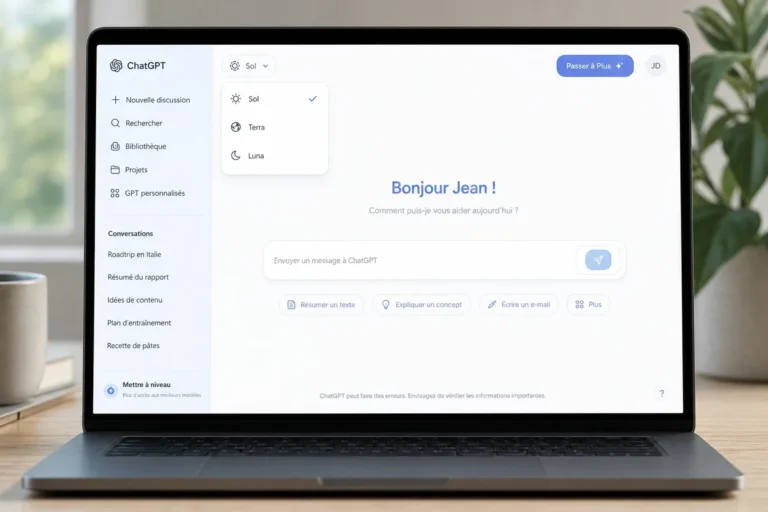 Interface ChatGPT affichant le nouveau sélecteur de modèle Sol Terra Luna en français