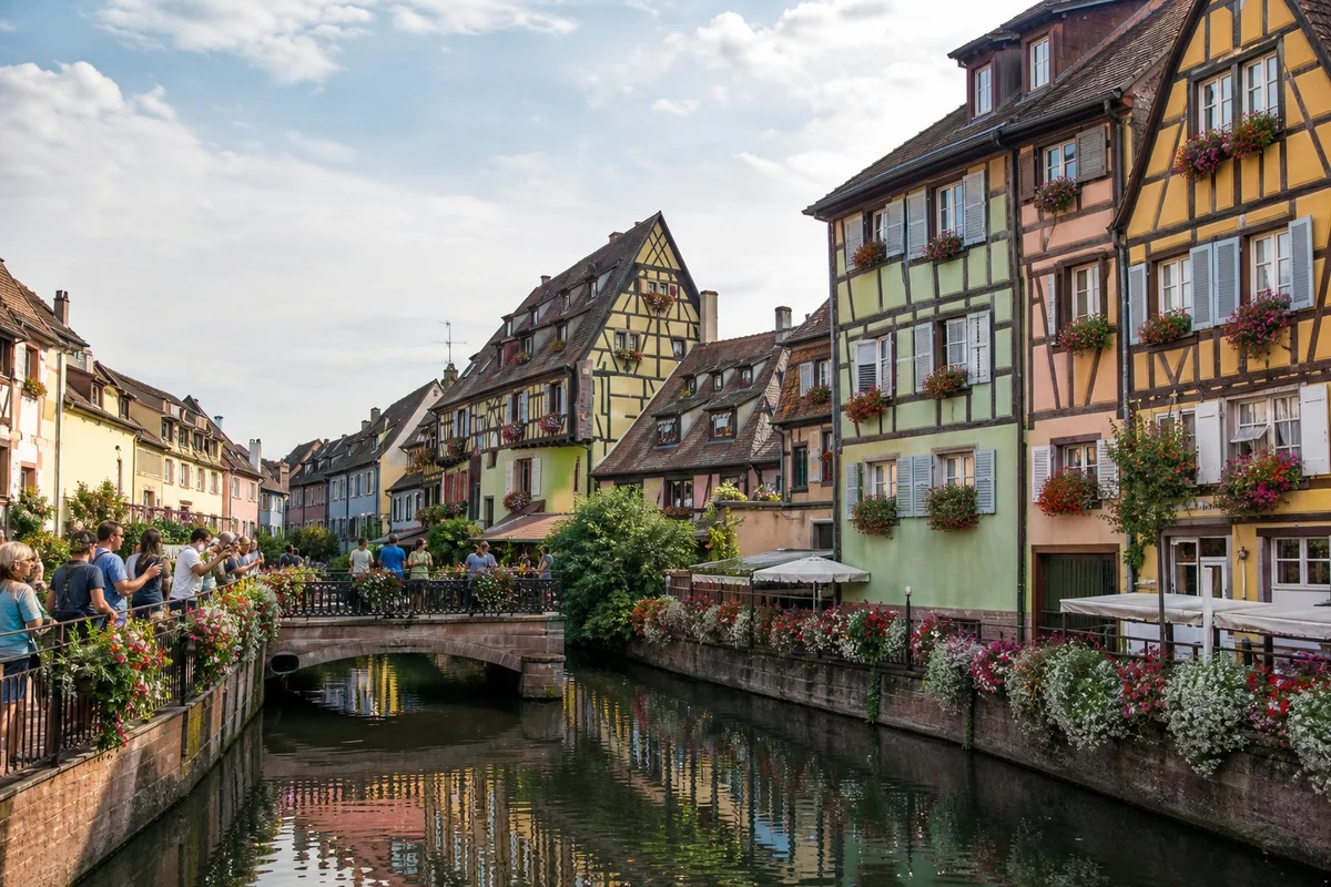 Colmar Petite Venise tourisme viral Alsace Maisons à colombages colorées du quartier de la Petite Venise à Colmar avec touristes photographiant les canaux