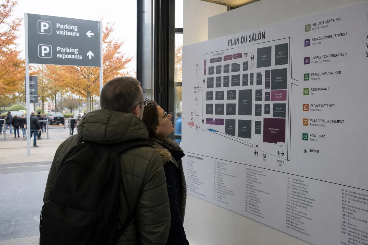 Conseils visite salon maison jardin parc expo Rennes Visiteurs consultant un plan du parc des expositions de Rennes avant leur visite du salon