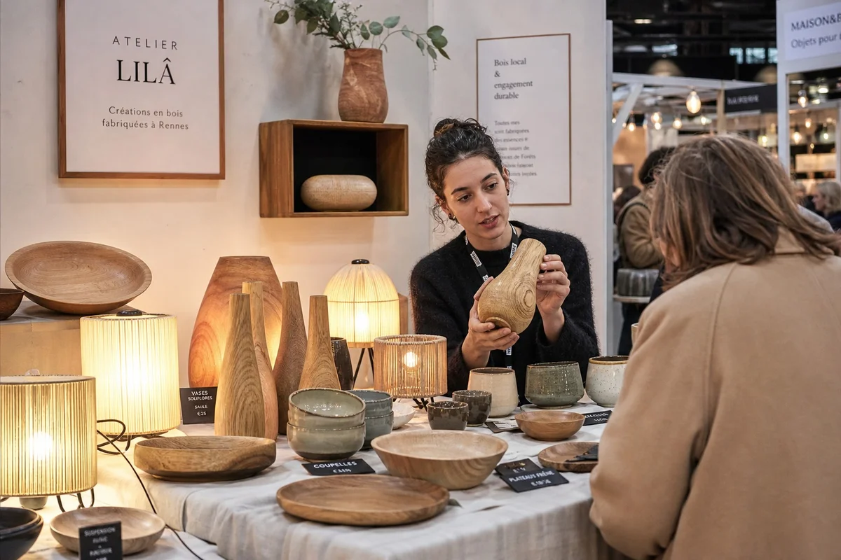 Jeunes créateurs bretons salon esprit maison jardin Stand d'un artisan créateur breton présentant des objets faits main au salon de Rennes