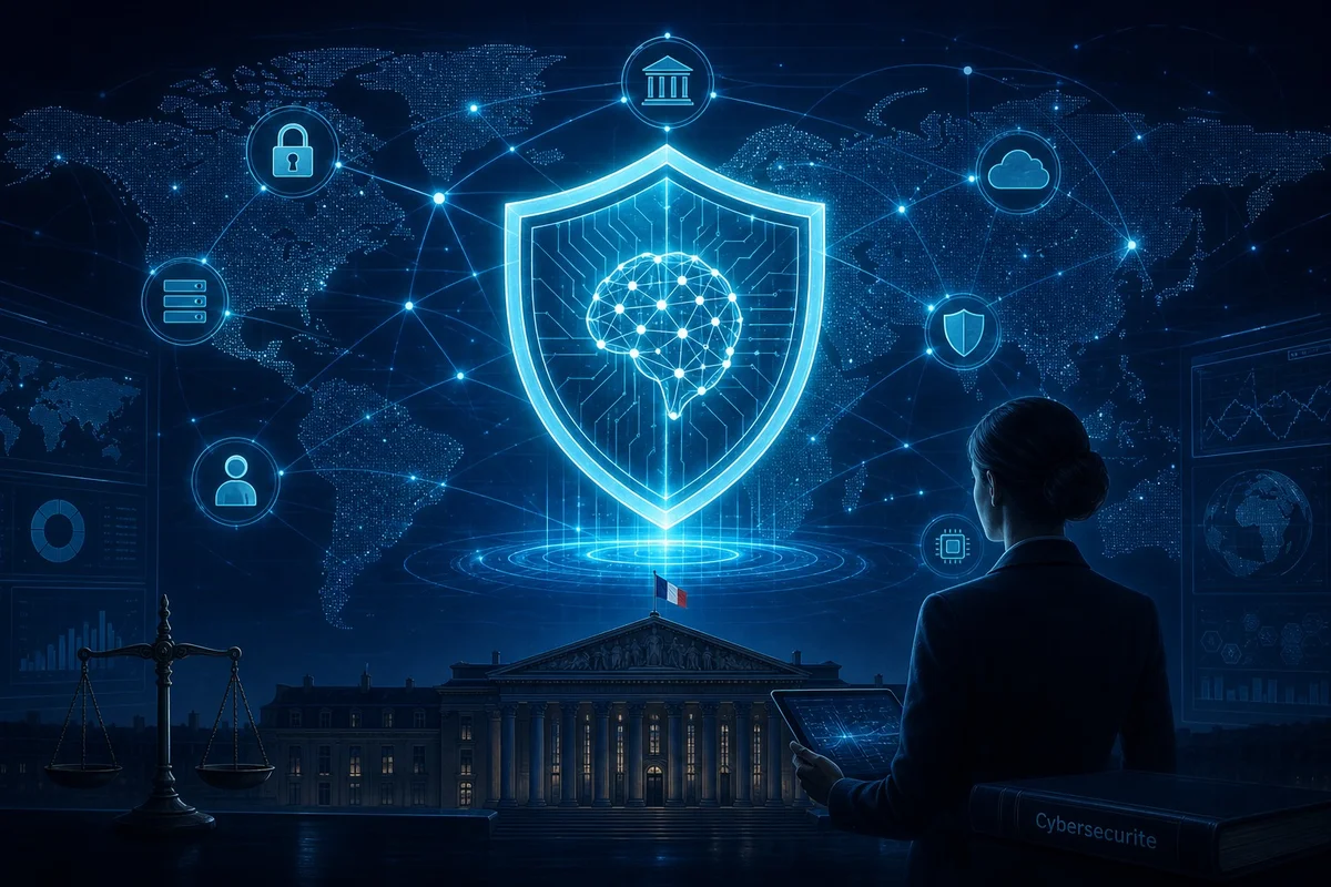 Cybersécurité et régulation des modèles IA Illustration symbolisant la supervision gouvernementale et la cybersécurité autour des modèles d'intelligence artificielle