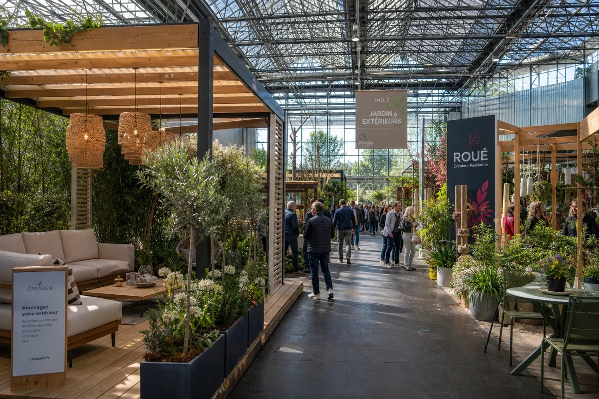 Espace jardin et pépinières salon Rennes Allée végétalisée avec plantes et pergolas dans le hall jardin du salon de Rennes