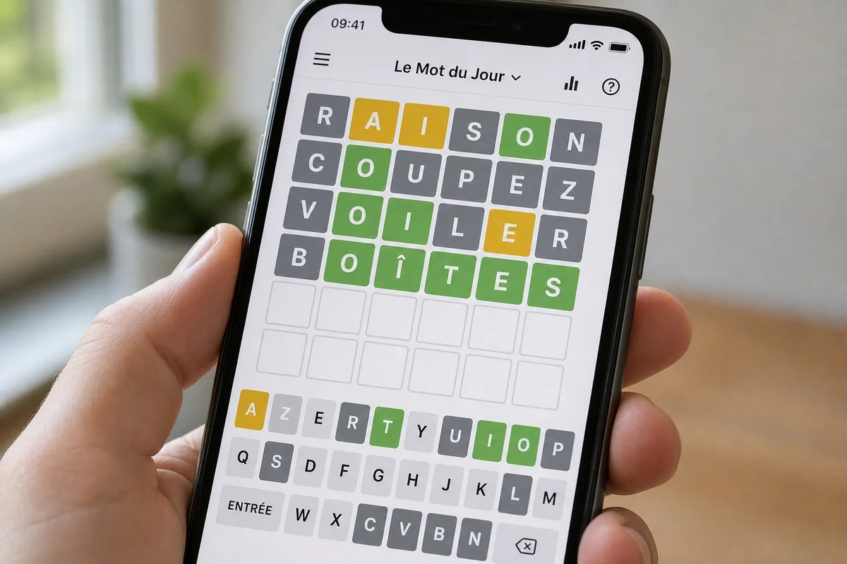 Jeu de mot du jour en français type Sutom Grille de jeu de mot du jour en français affichée sur smartphone