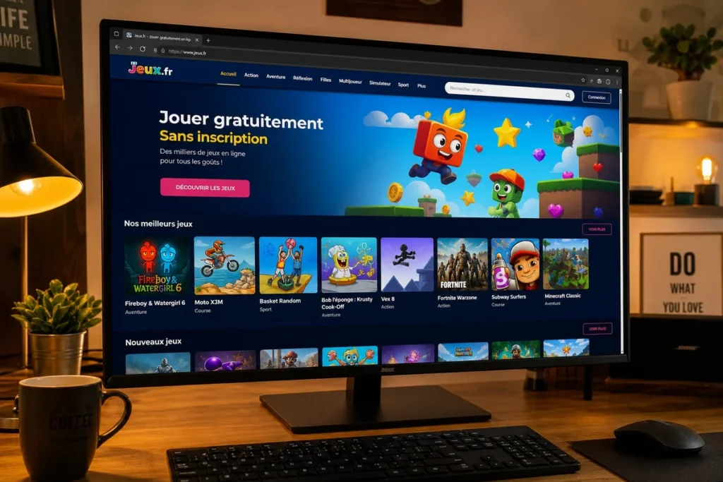 Écran d'ordinateur affichant une plateforme de jeux en ligne gratuits sans compte