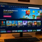 Écran d'ordinateur affichant une plateforme de jeux en ligne gratuits sans compte