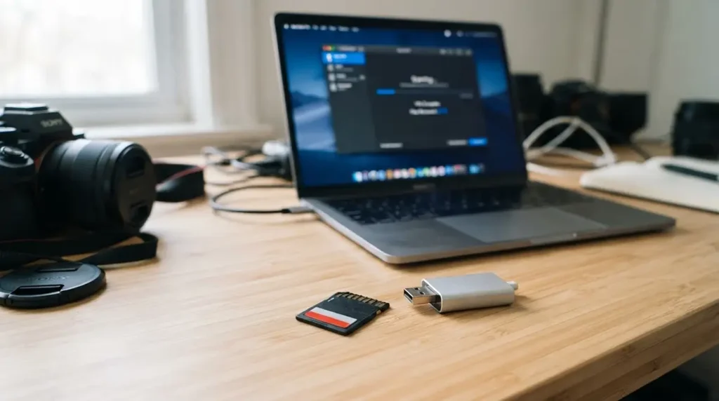 Carte SD et lecteur USB devant un ordinateur exécutant un logiciel gratuit de récupération de carte SD