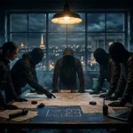 Équipe de braqueurs planifiant un coup dans ambiance film noir pour séries TV de vols et braquages