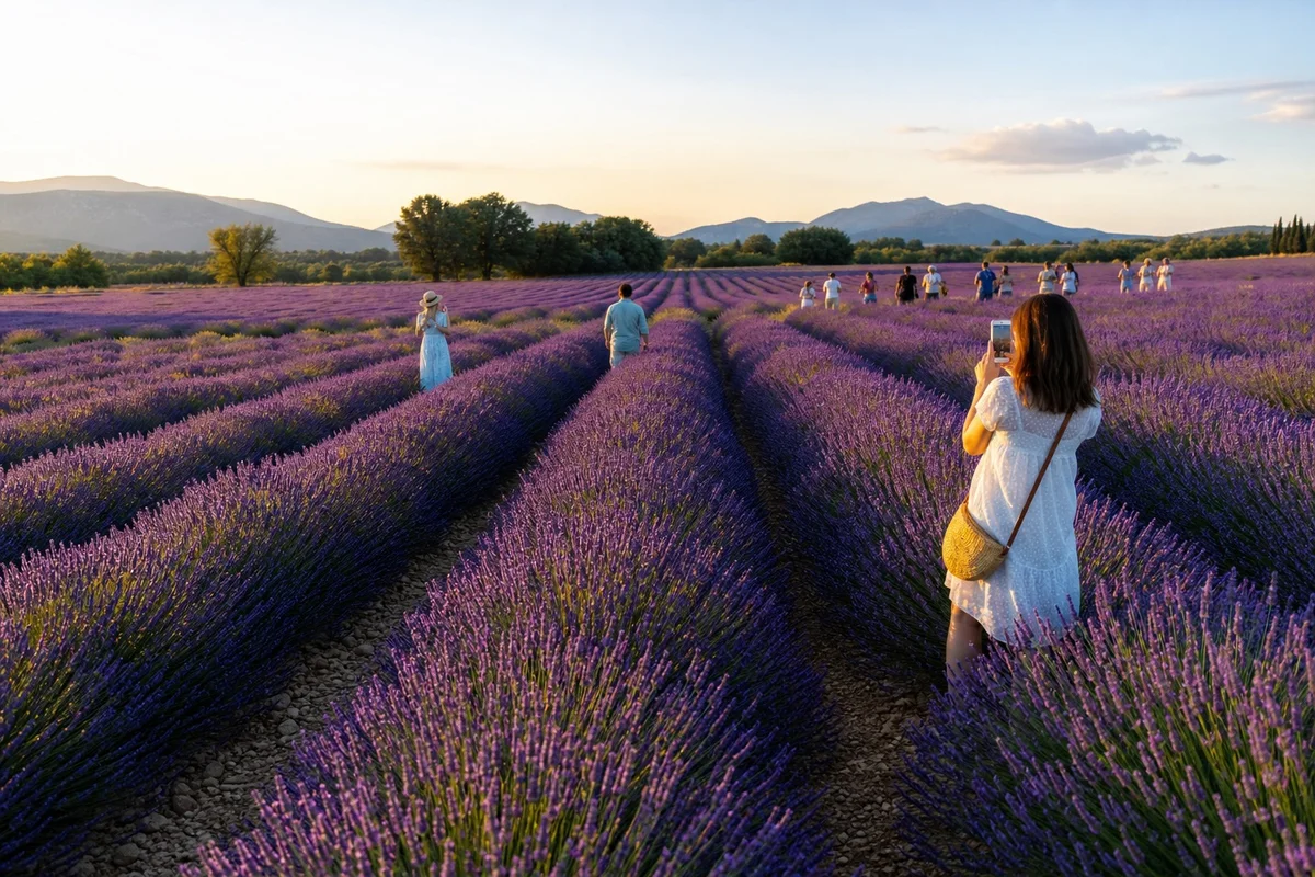 Champs de lavande Valensole tourisme viral Provence Champs de lavande en fleurs du plateau de Valensole avec visiteurs photographiant le paysage