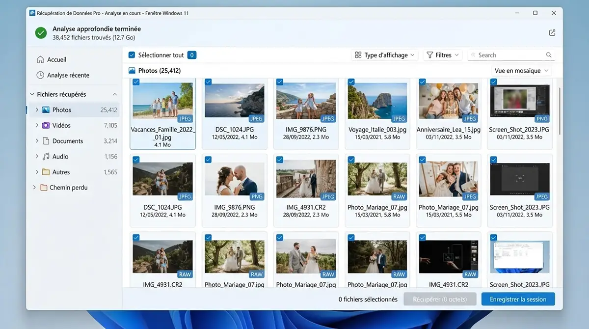 Interface d'un logiciel de récupération de carte SD affichant les photos retrouvées après analyse approfondie