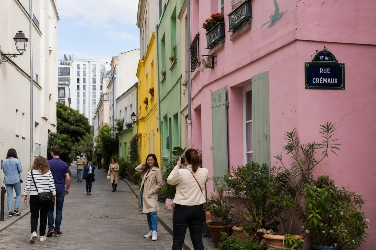 Rue Crémieux Paris tourisme viral réseaux sociaux Façades colorées de la rue Crémieux à Paris envahies par les touristes venus se filmer