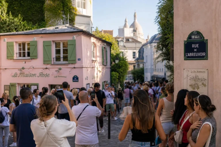 Touristes prenant des photos avec leur smartphone devant une rue colorée typique du tourisme viral
