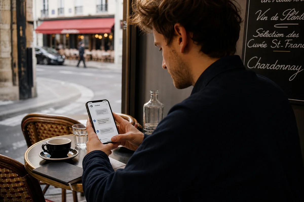 Utilisation de ChatGPT sur smartphone en France Personne utilisant l'application ChatGPT sur son smartphone dans un café en France
