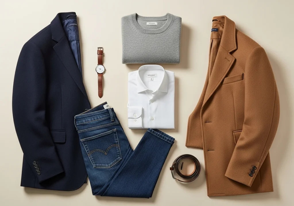Eléments d'une garde-robe homme : costume, chemise, veste, montre, pull