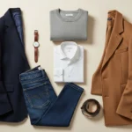 Eléments d'une garde-robe homme : costume, chemise, veste, montre, pull