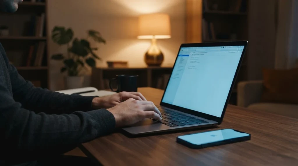 espace de travail moderne avec un ordinateur portable sur un bureau épuré émettant une lumière douce à teinte bleue