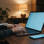 espace de travail moderne avec un ordinateur portable sur un bureau épuré émettant une lumière douce à teinte bleue