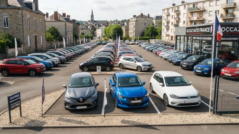 parc de vente de véhicules d'occasion moderne en France, représentant un marché automobile usagé dynamique