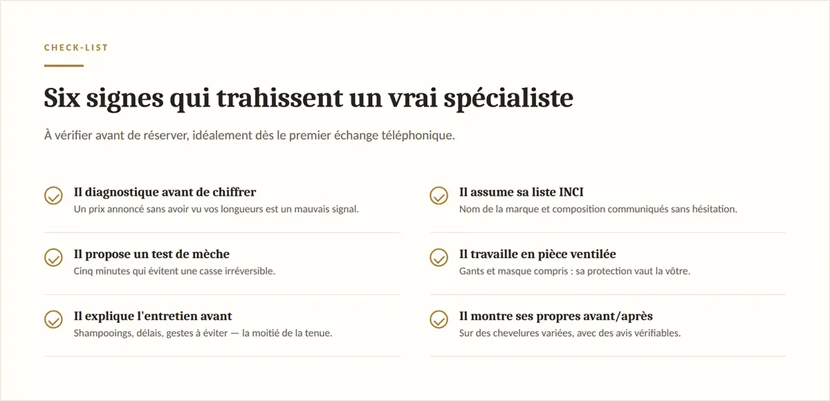 Infographie indiquant les 6 signes qui trahissent un vrai spécialiste