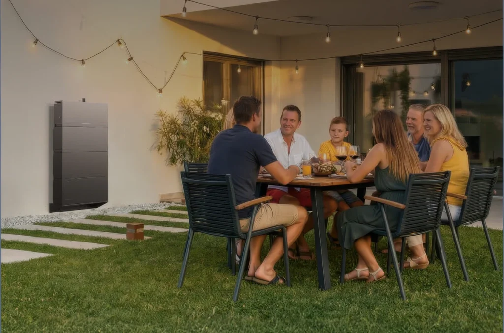 Batterie maison modulaire fixée au mur d'une maison pendant un dîner en famille sur la terrasse le soir