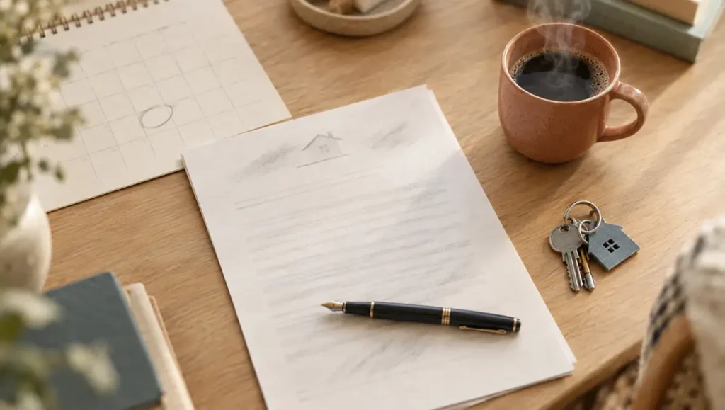 Contrat d'assurance habitation posé sur un bureau avec un stylo, un calendrier et des clés