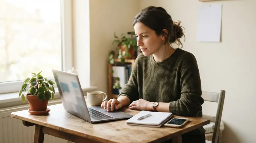 Femme travaillant sur un ordinateur portable dans un espace lumineux, illustrant la visibilité en ligne sans budget.