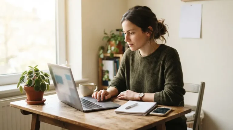 Femme travaillant sur un ordinateur portable dans un espace lumineux, illustrant la visibilité en ligne sans budget.