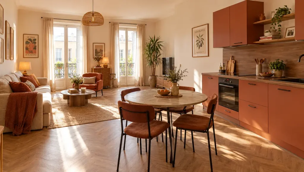 Vue d'ensemble d'un appartement meublé chaleureux avec pièce de vie lumineuse, matériaux durables et plante verte artificielle