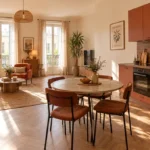 Vue d'ensemble d'un appartement meublé chaleureux avec pièce de vie lumineuse, matériaux durables et plante verte artificielle