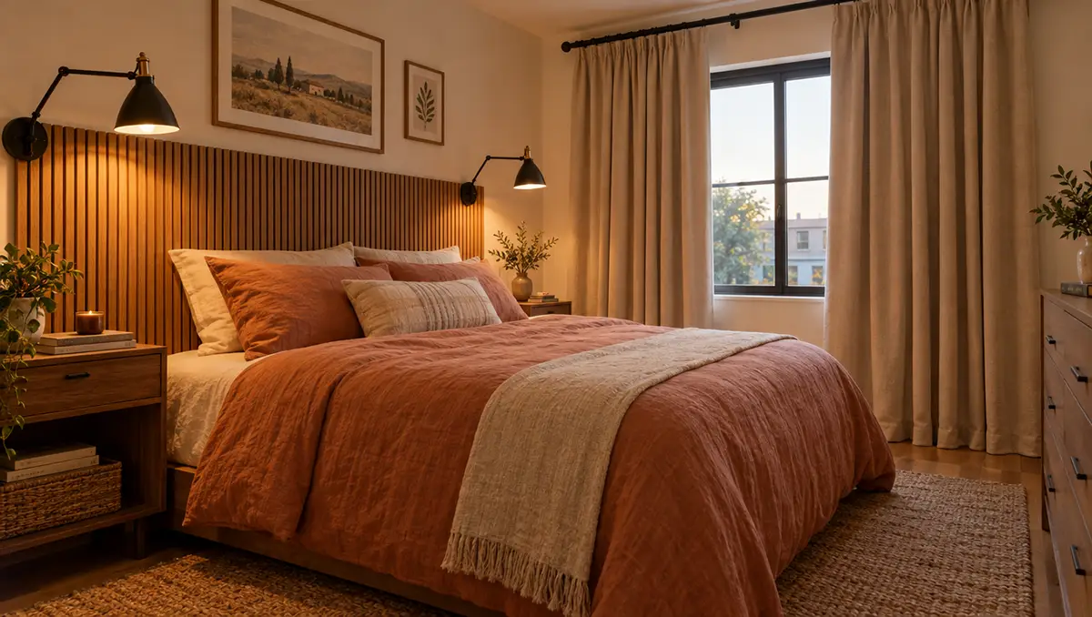 Chambre de location meublée avec tête de lit en bois latté, appliques murales à lumière chaude et rideaux en lin lavé