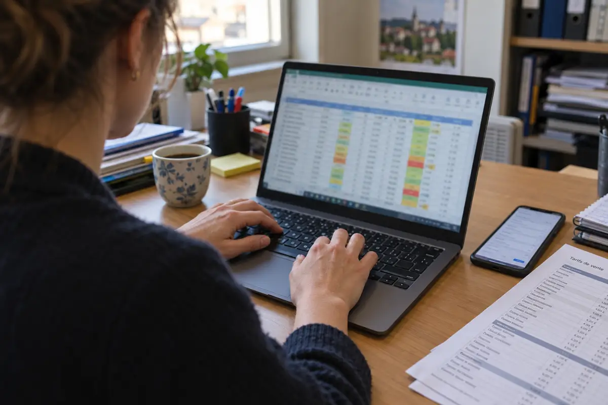 Commercial travaillant sur un tableur, son smartphone posé à côté avec un formulaire CRM ouvert