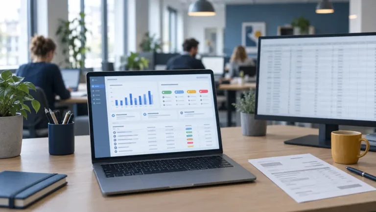 Bureau avec un tableau de bord CRM, un tableur et une facture papier côte à côte