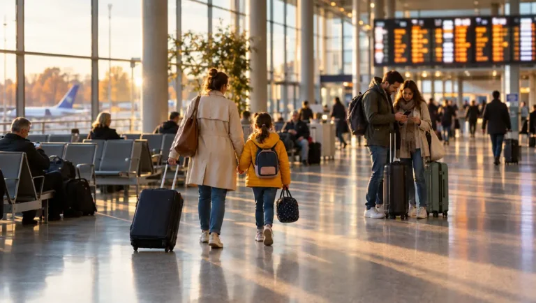 Hall d'aéroport français pendant les vacances de la Toussaint 2026 avec familles et tableau des départs