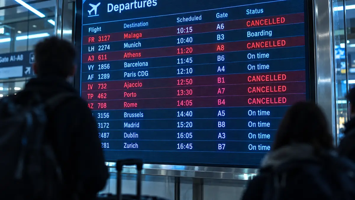 Tableau des départs d'un aéroport régional affichant plusieurs vols annulés pendant la Toussaint 2026